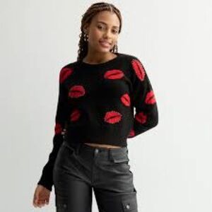 Madden Girl Black Sweater with Red Lip Prints